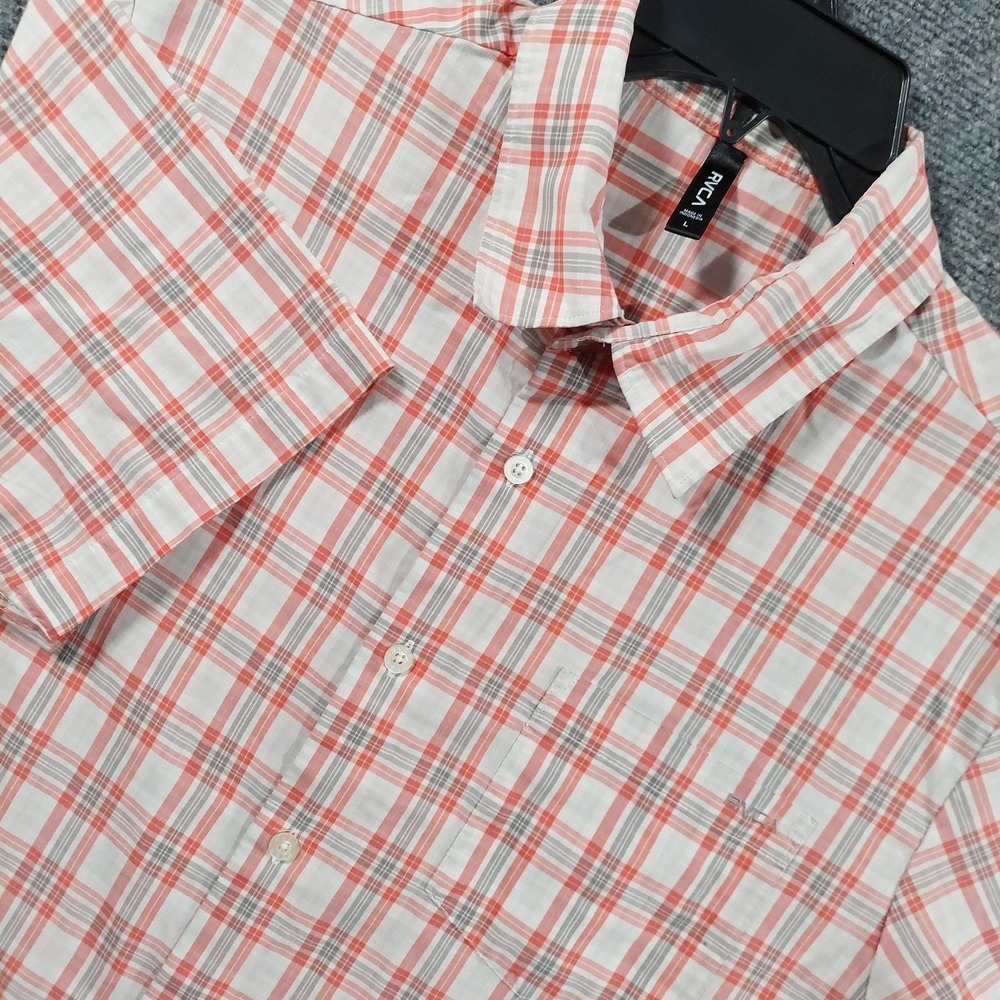 RVCA Shirt Mens Large Red Plaid Short Sleeve Button Up Cotton Blend Casual